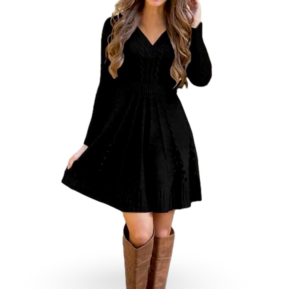 Tiana B. Black Jersey A-line Flare V-Neck Mini/Midi Dress Tunic Size Medium